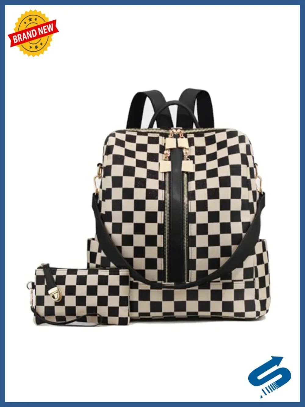 Women's Checkered Leather Backpack with Wallet and Cherry Charm, Multi-Pocket